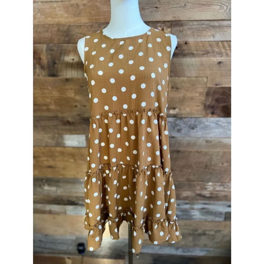 Blu Pepper Mustard Brown And White Polka Dot Sleeveless Tiered Dress Size Medium